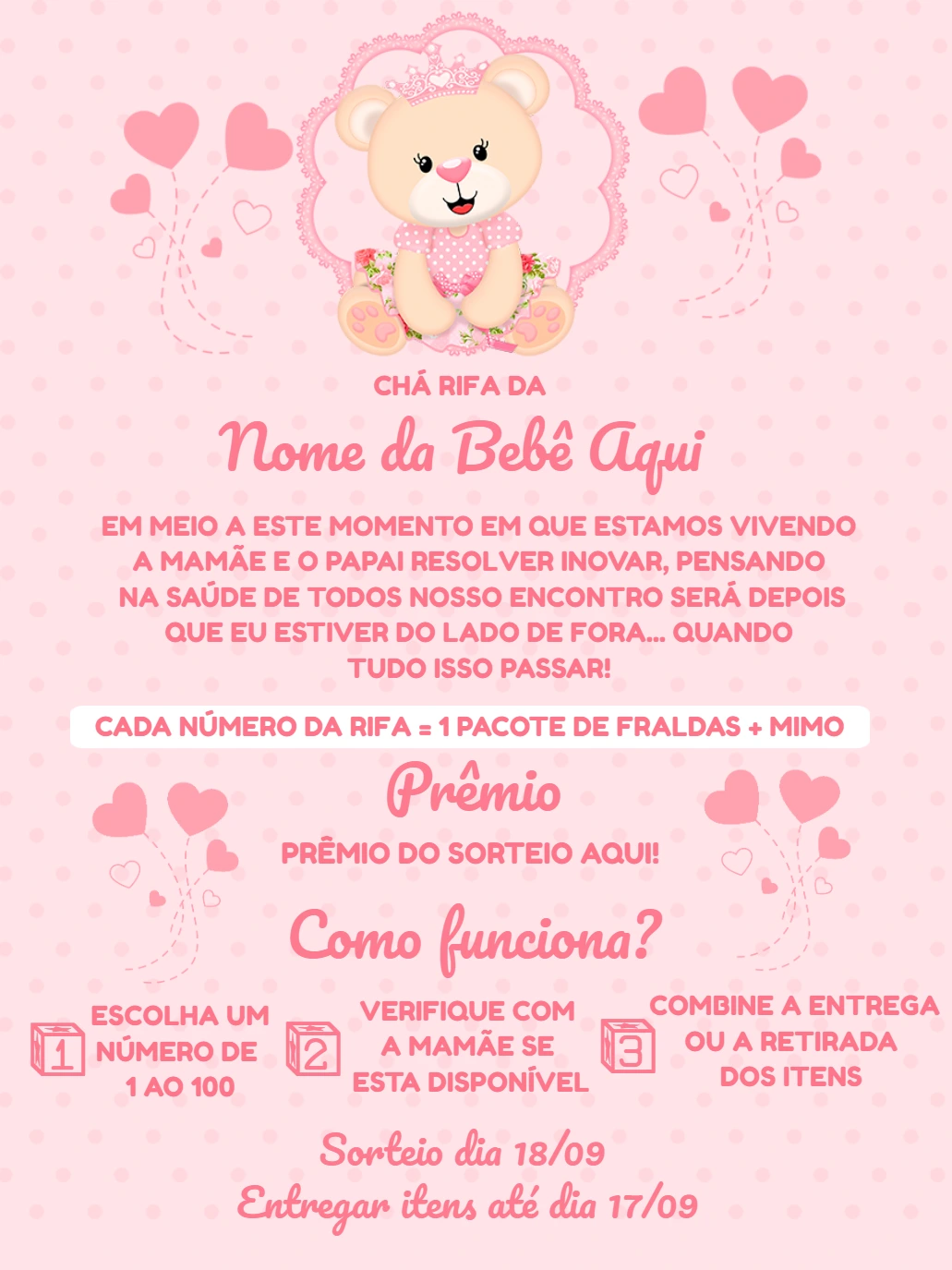 Convite Chá Rifa Ursinha Princesa para Editar Online