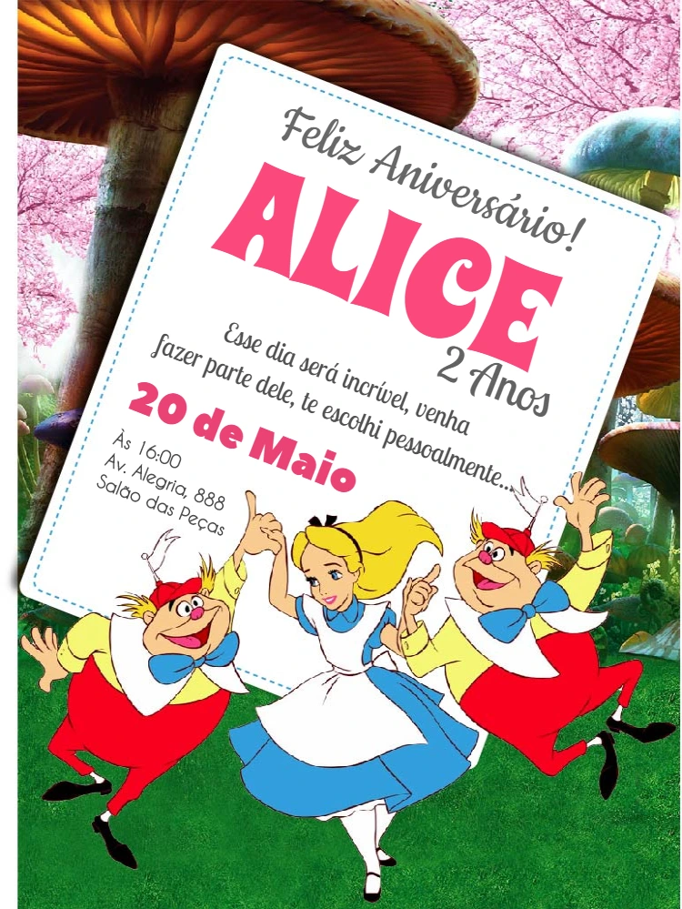 Convite Aniversário Alice no País das Maravilhas para Editar