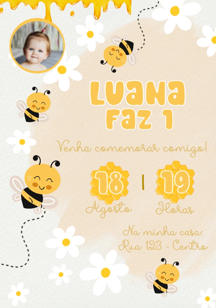 Convite Aniversário Abelhinha com Foto para Editar Online