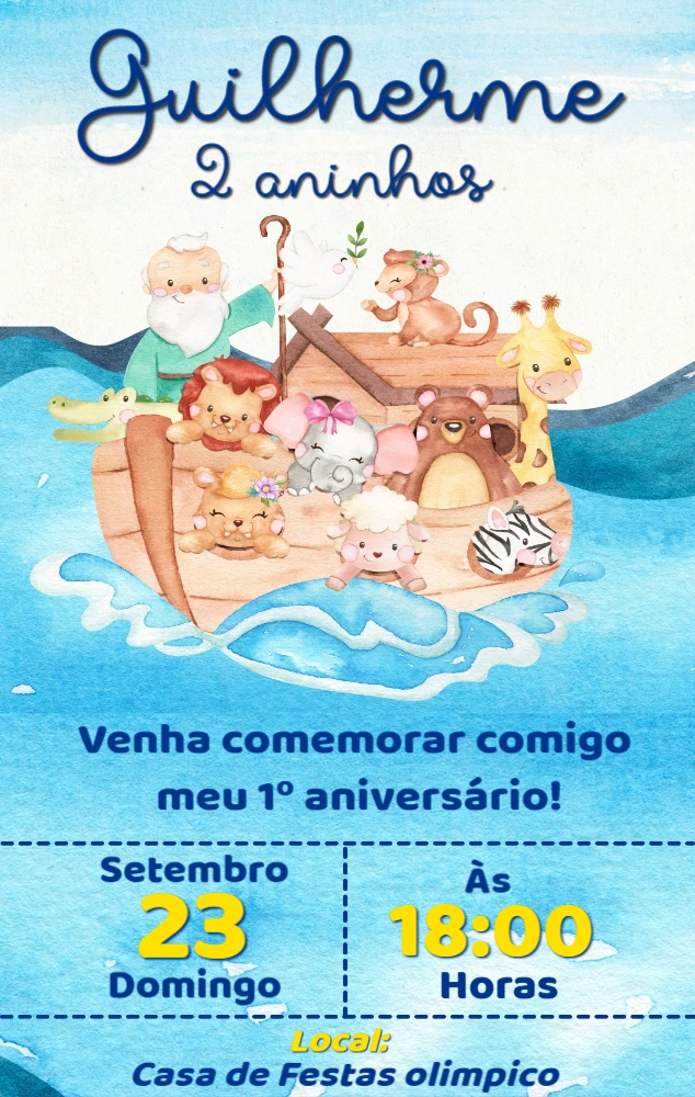 Convite de Aniversário Arca de Noé com Animais para Editar