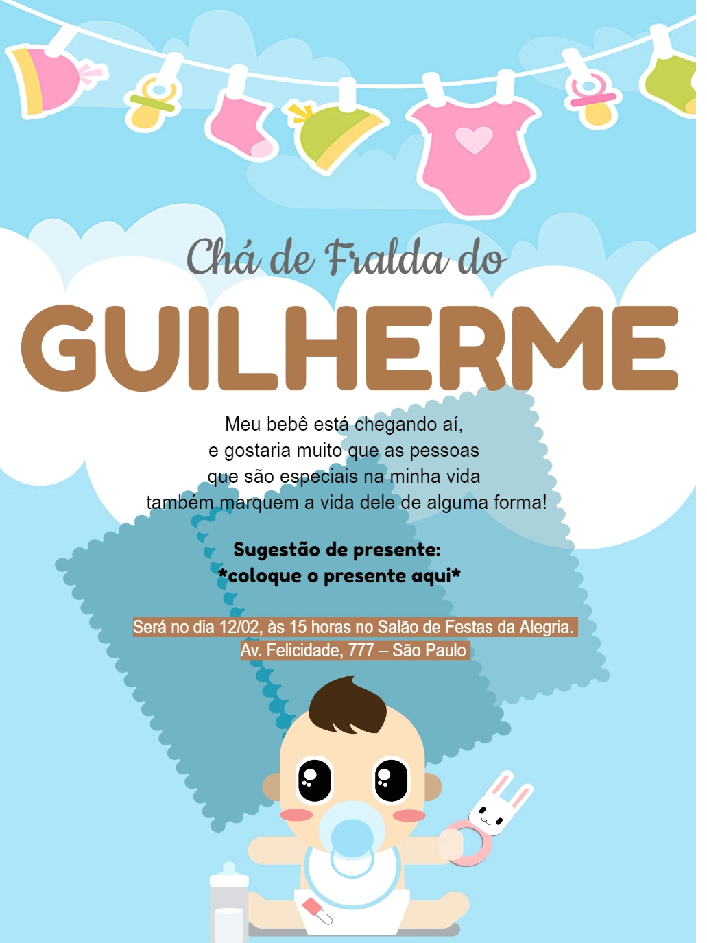 Convite Chá de Fralda Menino Azul para Editar Online