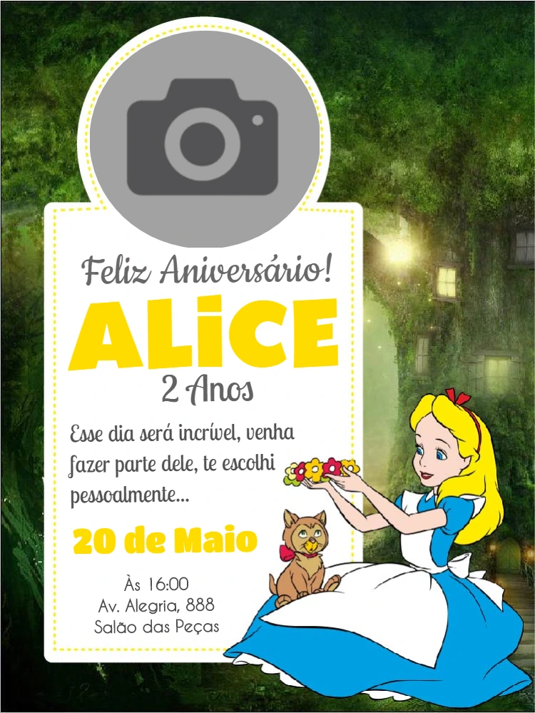 Convite Aniversário Alice no País das Maravilhas com Foto para Editar