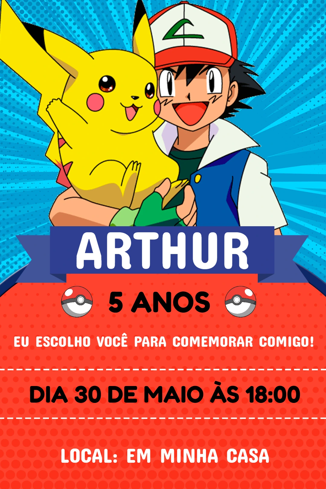 Convite de Aniversário Pokémon com Ash e Pikachu para Editar