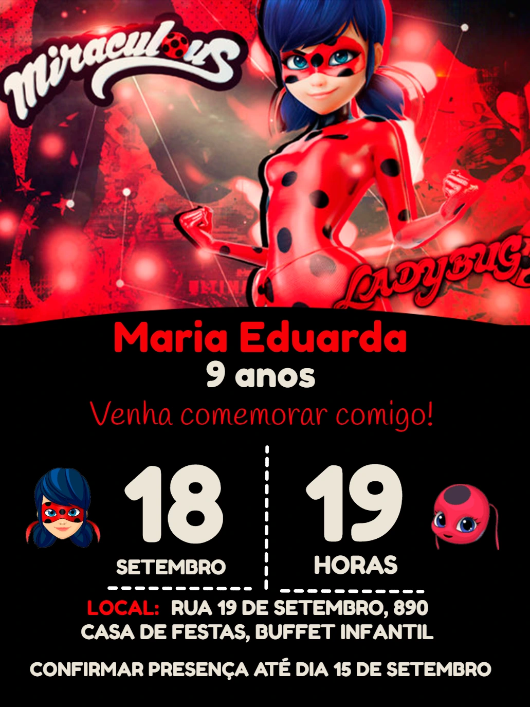 Convite de Aniversário Ladybug Miraculous para Editar Online