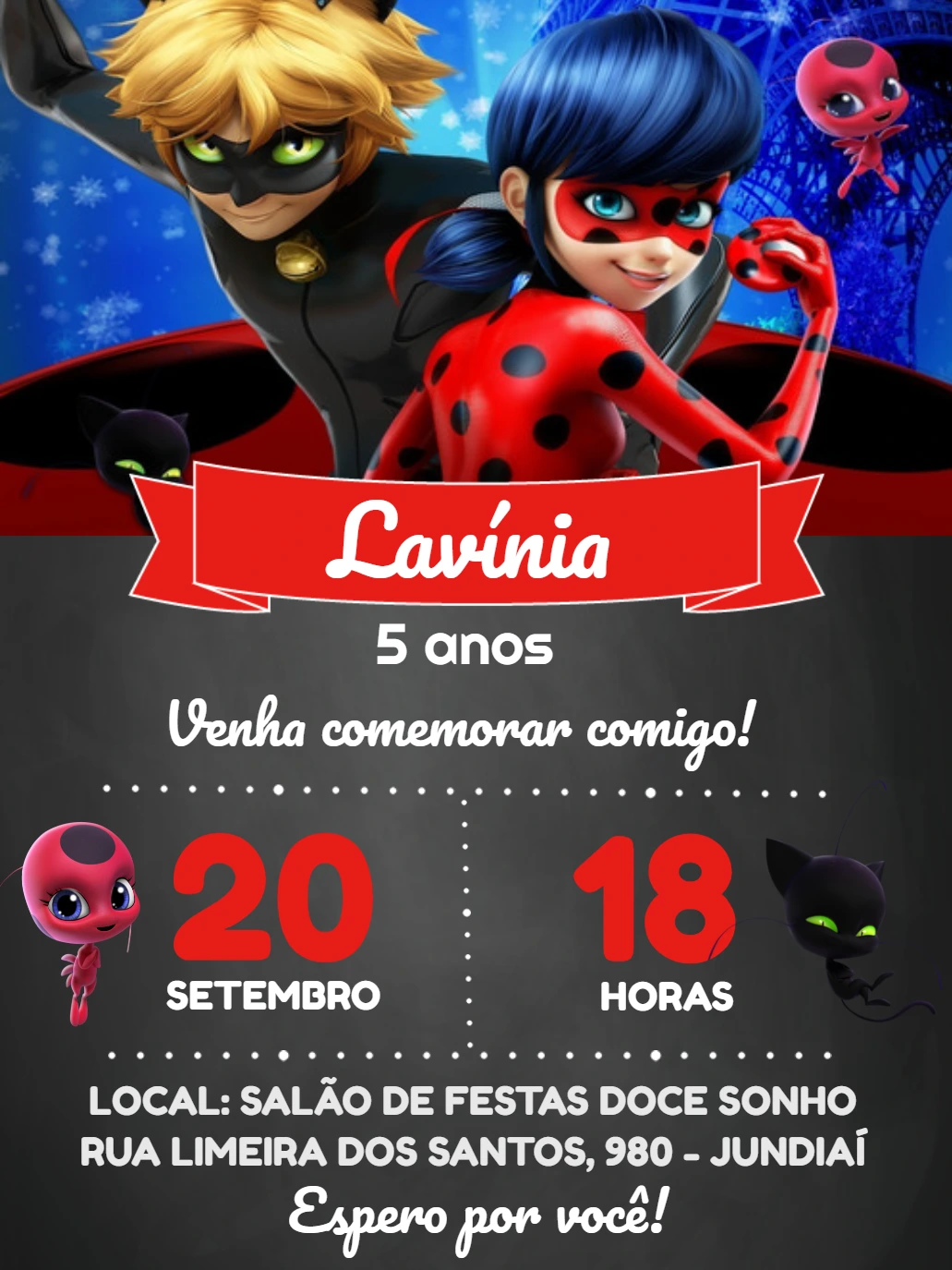 Convite Aniversário Miraculous Ladybug para Editar Online