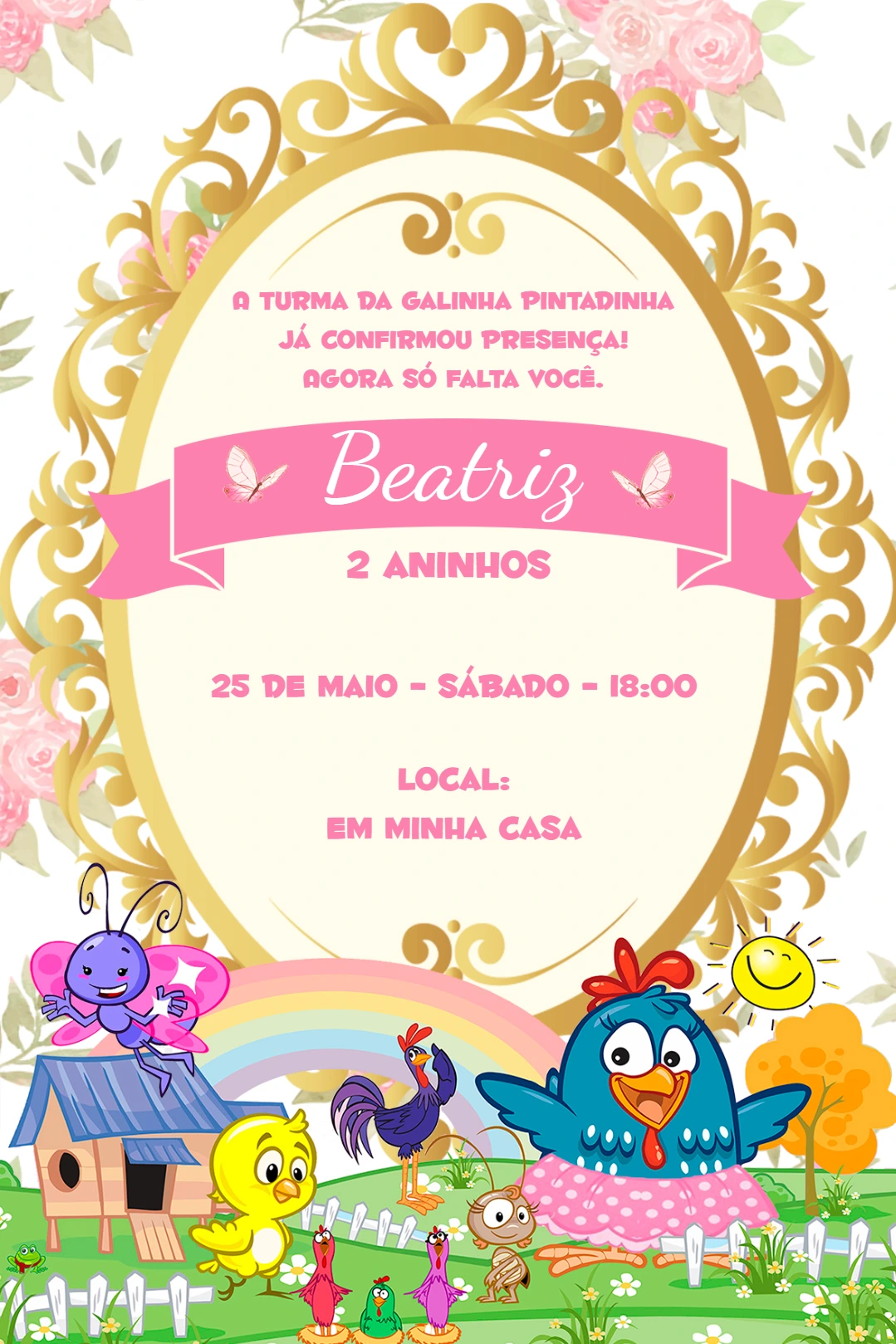 Convite de Aniversário Galinha Pintadinha Rosa para Editar Online