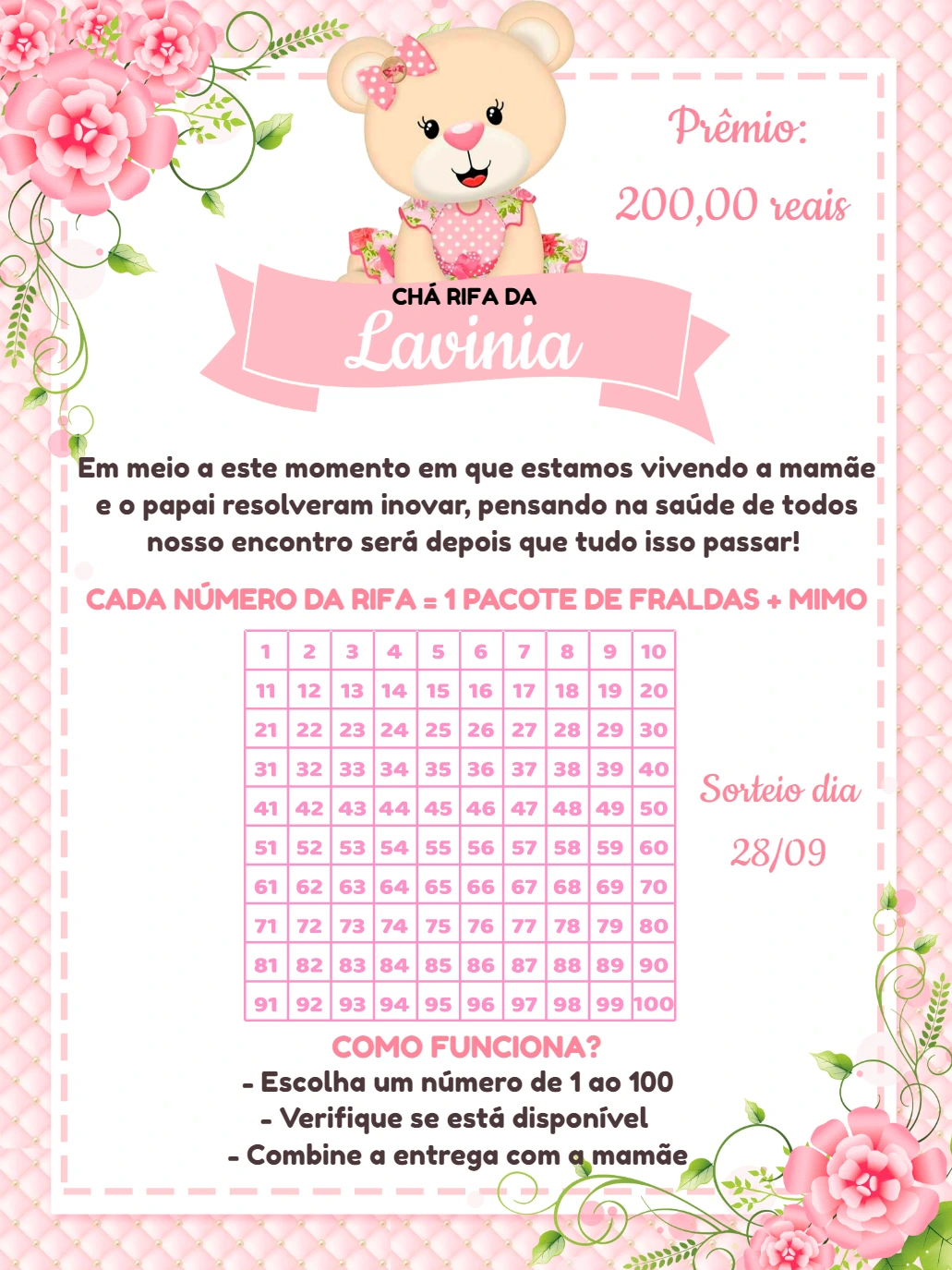 Chá Rifa Ursinha Princesa Editável Online para Imprimir