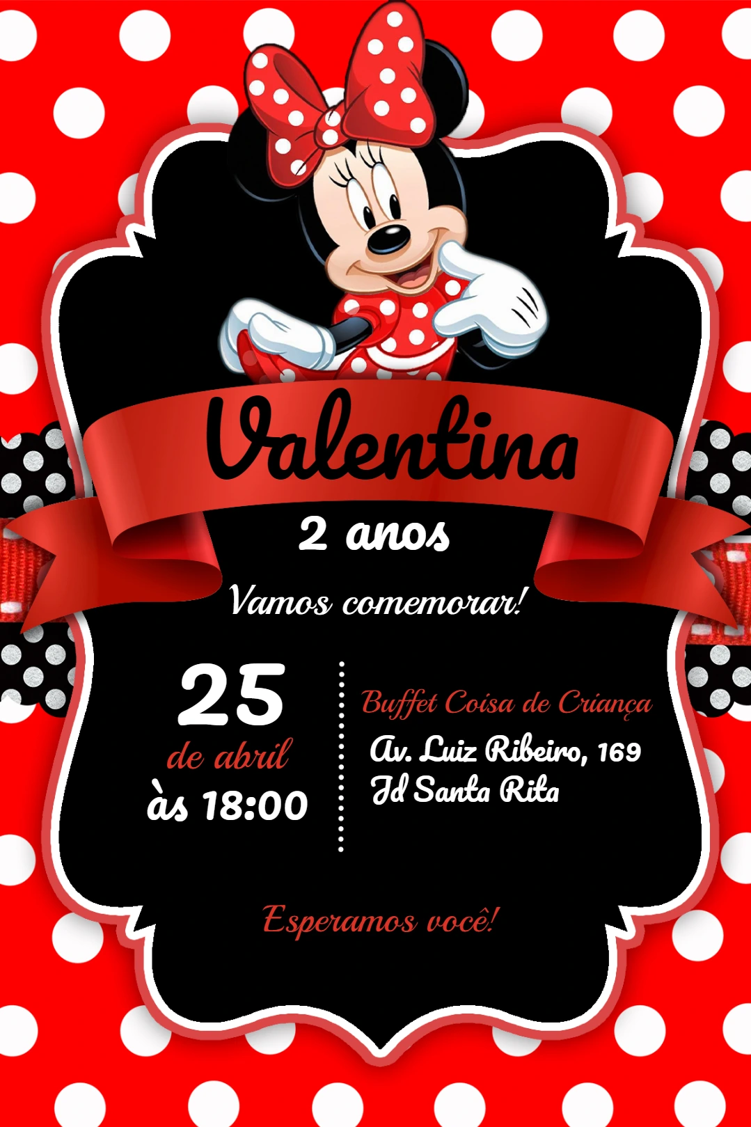 Convite de Aniversário Minnie Vermelha para Editar Online