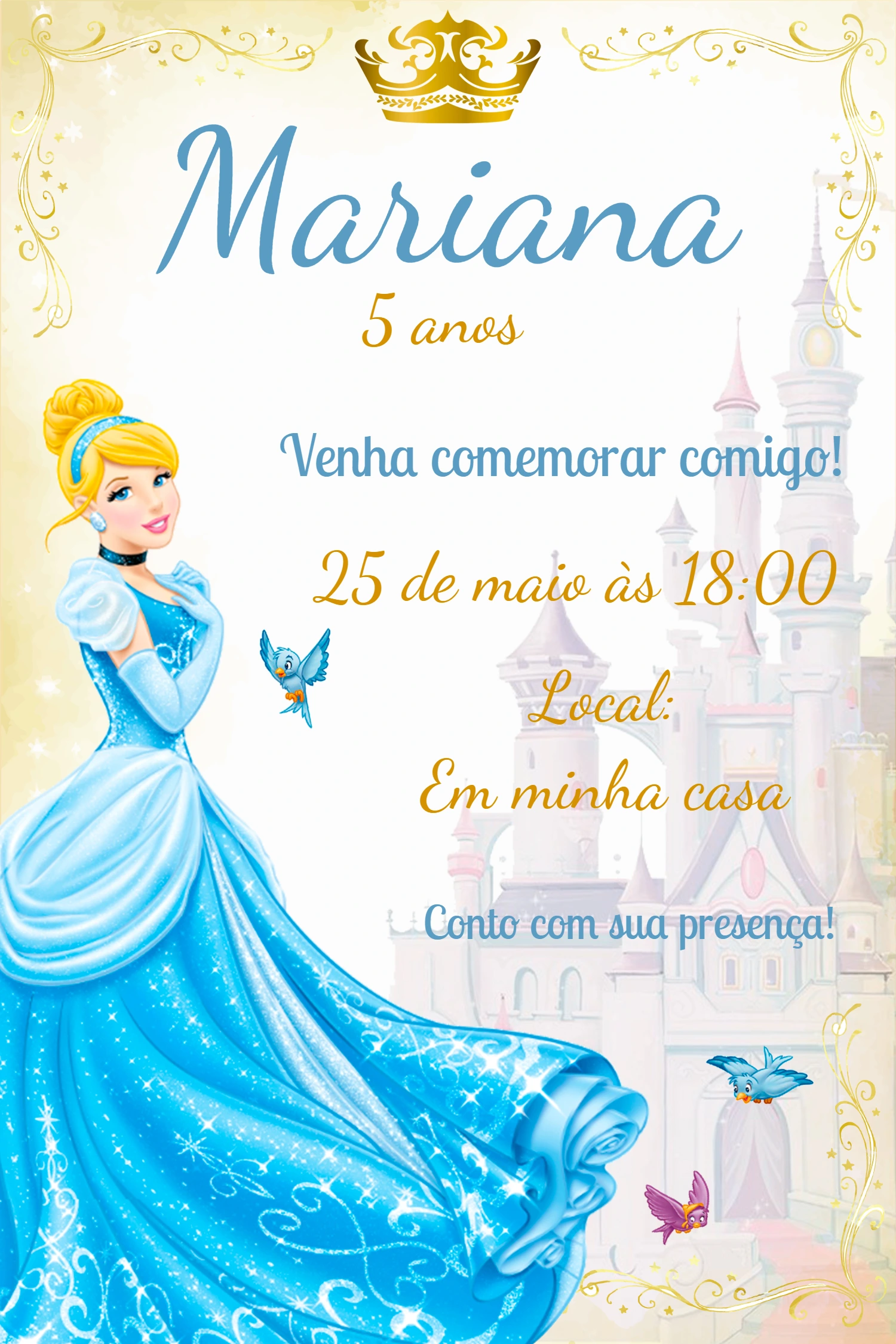 Convite de Aniversário Cinderela Princesa para Editar Online