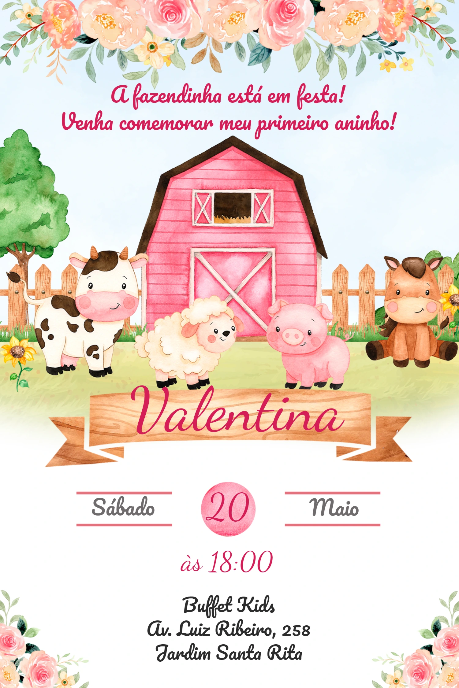 Convite Aniversário Fazendinha Rosa com Animais para Editar
