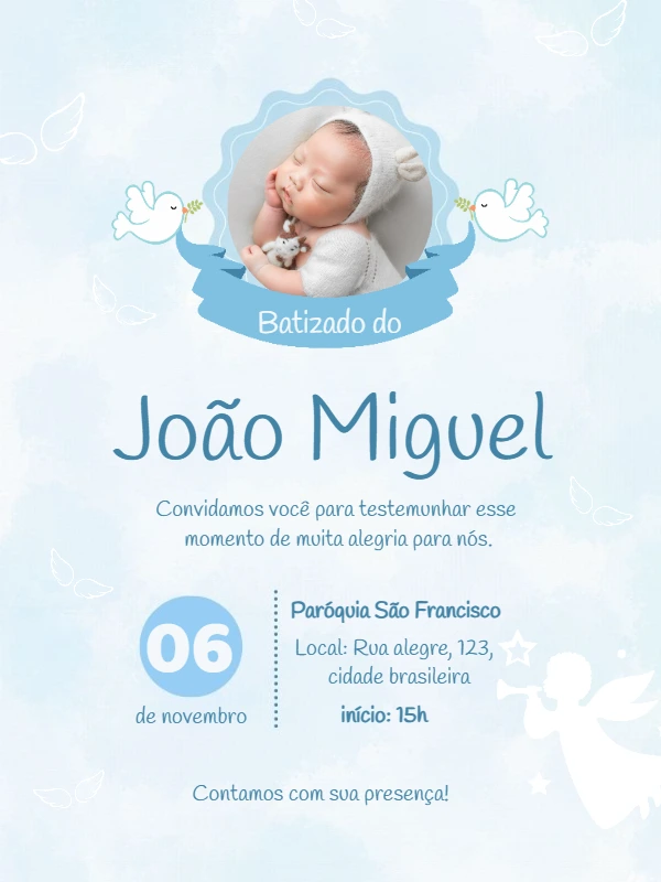 Convite de Batizado com Foto e Anjos para Editar Online