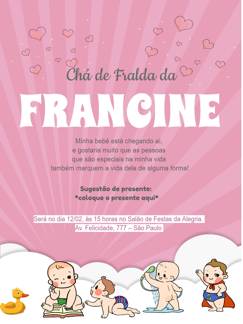 Convite Chá de Fraldas Menina Rosa com Bebês para Editar Online