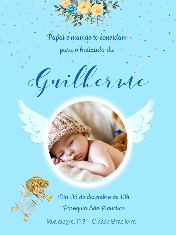 Convite de Batizado Anjinho com Foto para Editar Online