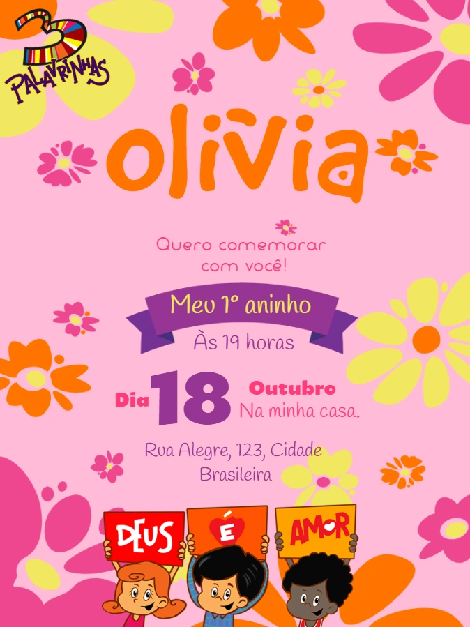Convite Aniversário 3 Palavrinhas com Personagens para Editar