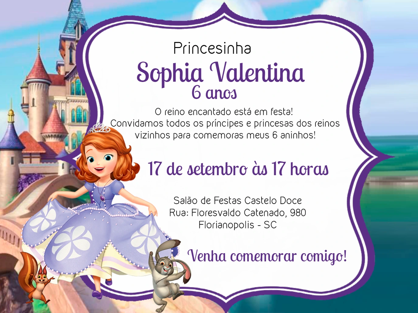 Convite de Aniversário Princesa Sofia Editável Online