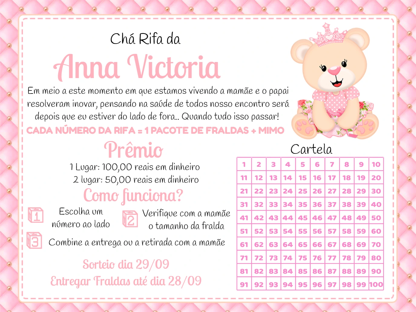 Chá Rifa Ursinha Princesa com Cartela para Editar Online