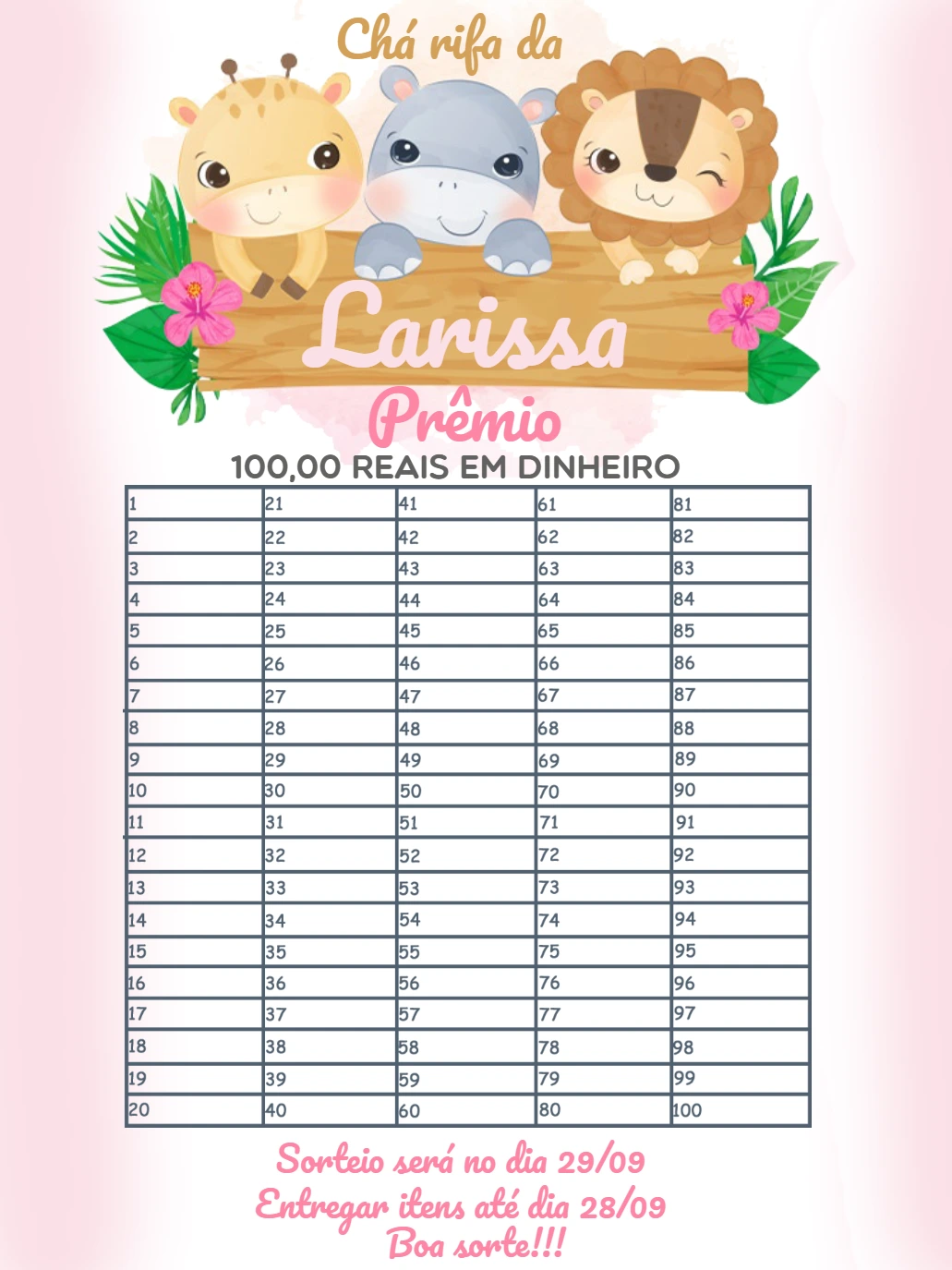 Cartela Chá Rifa Safari Menina com Animais Fofos para Editar