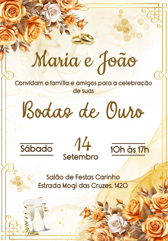 Convite Bodas de Ouro Floral Dourado para Editar Online