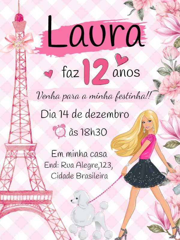 Convite Aniversário Barbie Parisiense para Editar Online