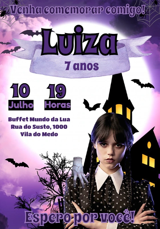 Convite de Aniversário Wandinha Addams para Editar Online