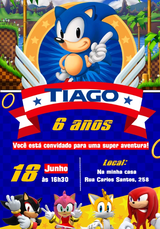 Convite Aniversário Sonic com Personagens Clássicos para Editar