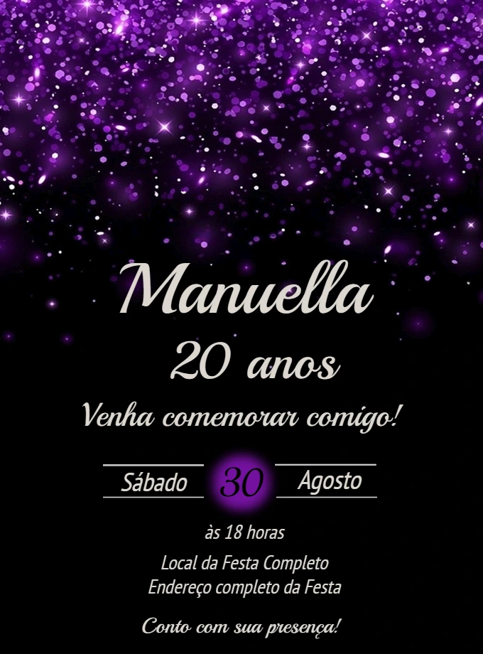 Convite de Aniversário Glitter Roxo Elegante para Editar