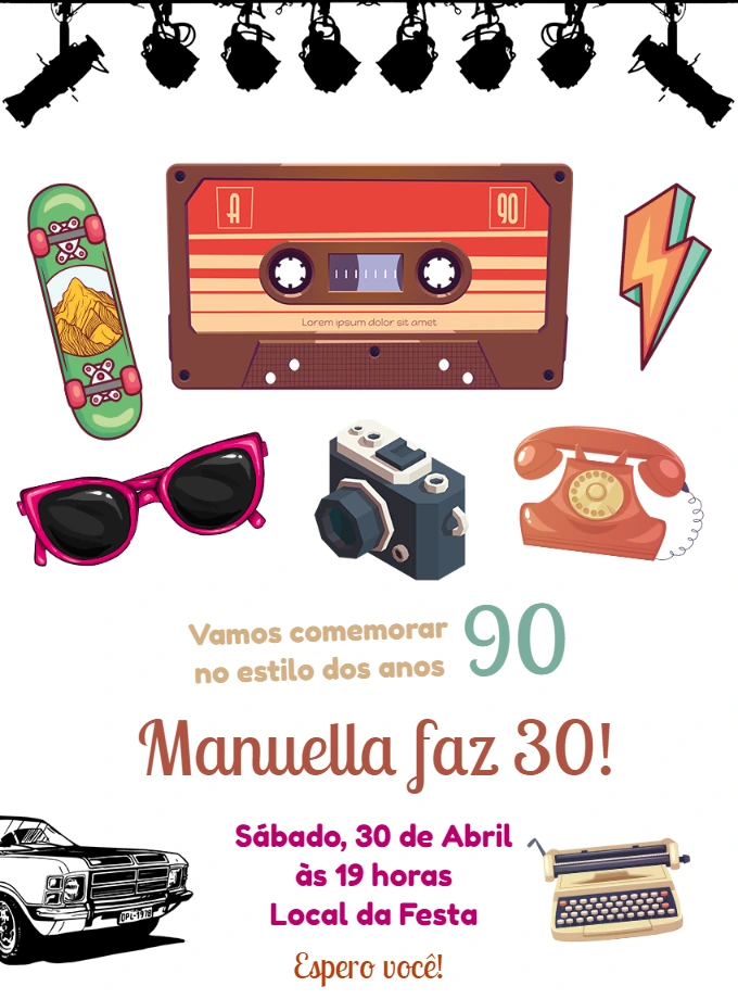 Convite de Aniversário Anos 90 com Ícones Retrô para Editar