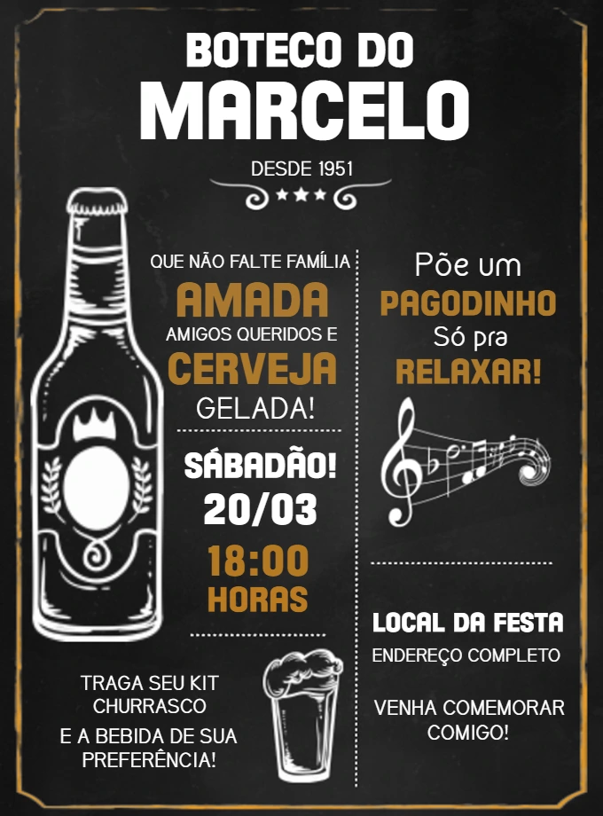 Convite Aniversário Boteco Estilo Lousa para Editar Online