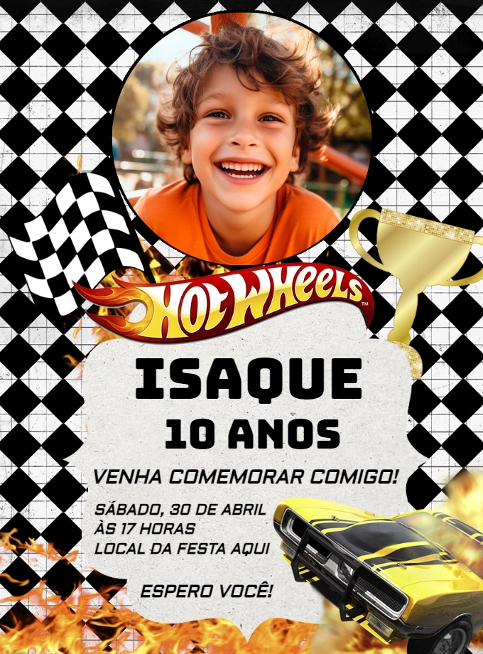 Convite Aniversário Hot Wheels com Foto para Editar Online