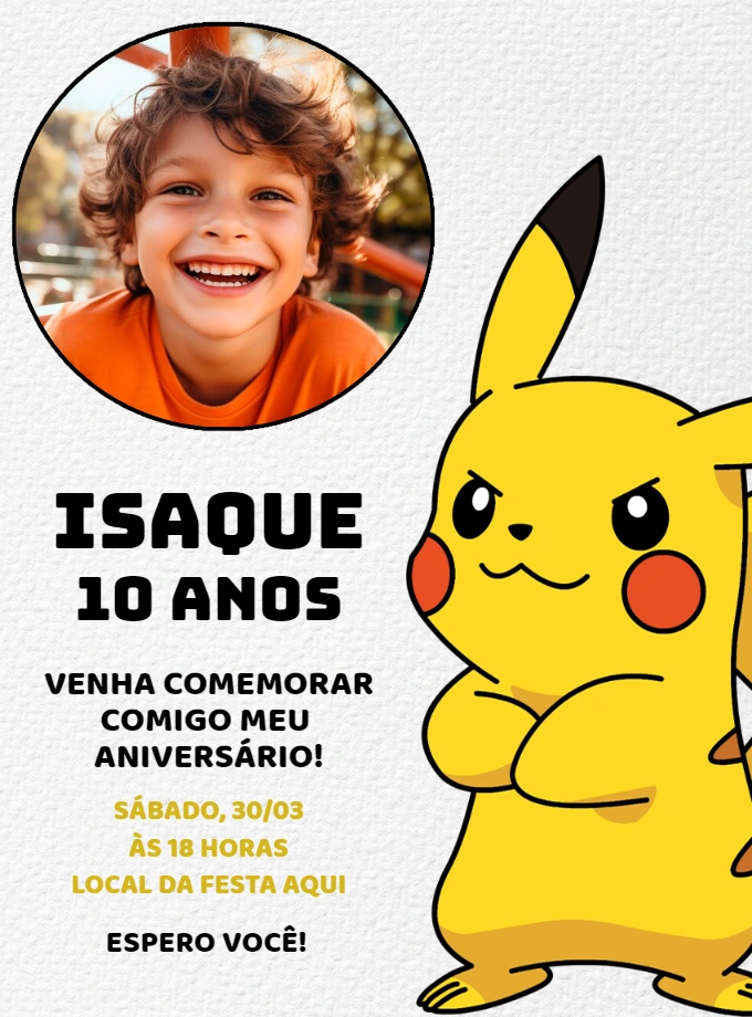 Convite Aniversário Pikachu com Foto para Editar Online