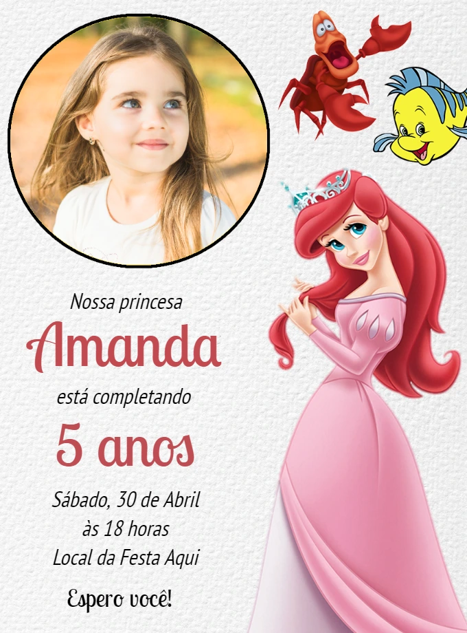 Convite Aniversário Ariel com Foto para Editar Online