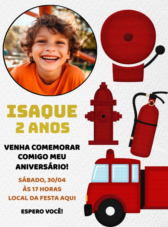 Convite Aniversário Bombeiros com Foto para Editar Online