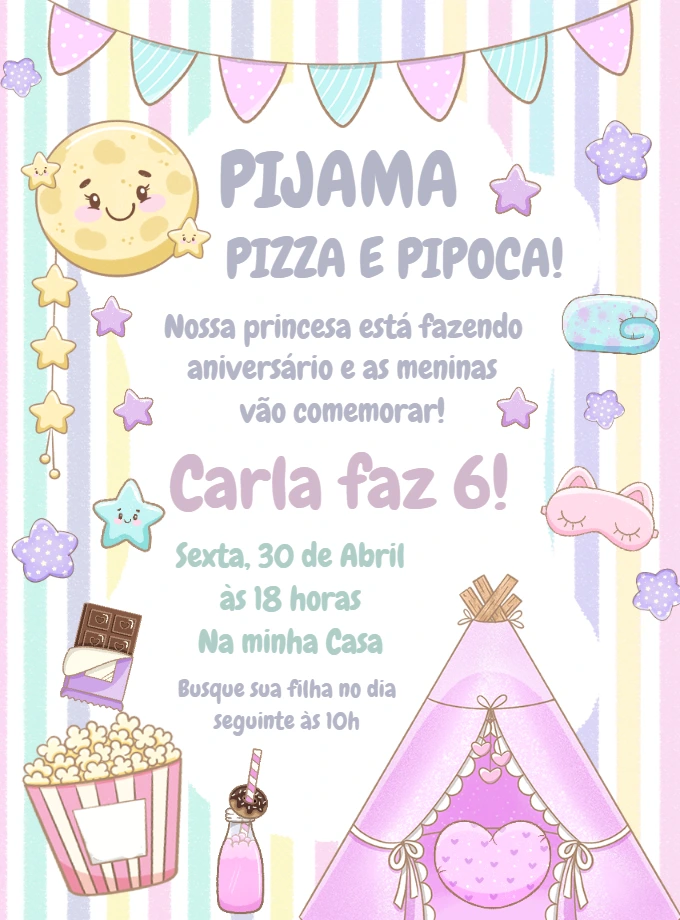 Convite Aniversário Festa do Pijama Fofo para Editar Online