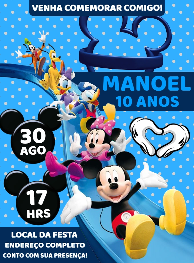 Convite de Aniversário Turma do Mickey para Editar Online