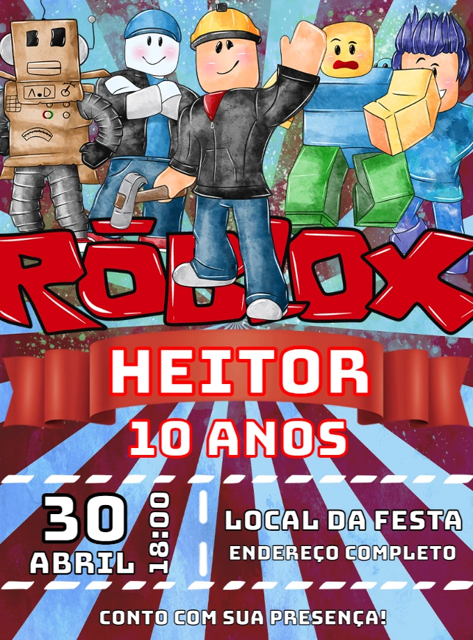 Convite de Aniversário Roblox com Personagens para Editar Online
