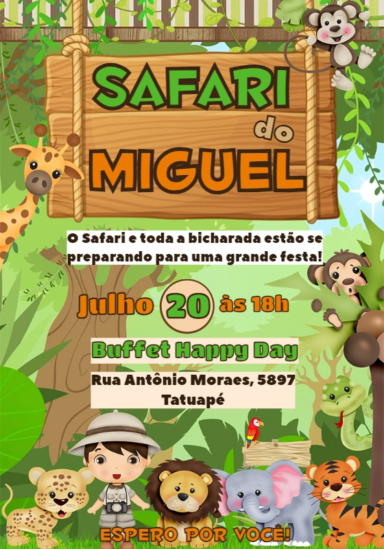 Convite Aniversário Safari com Animais para Editar Online