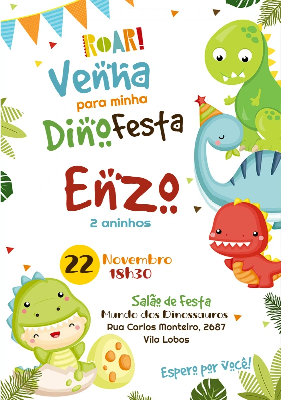 Convite Aniversário Dinossauros Baby para Editar Online