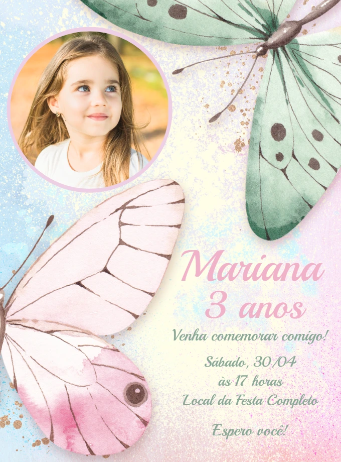 Convite Aniversário Borboletas Aquarela com Foto para Editar