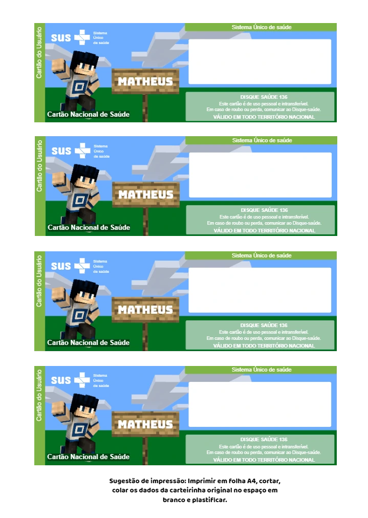 Cartão do SUS Minecraft Personalizado para Editar e Imprimir