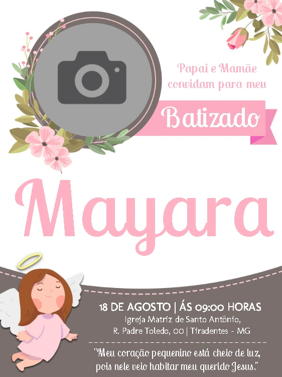 Convite de Batizado com Foto Anjinha para Editar Online