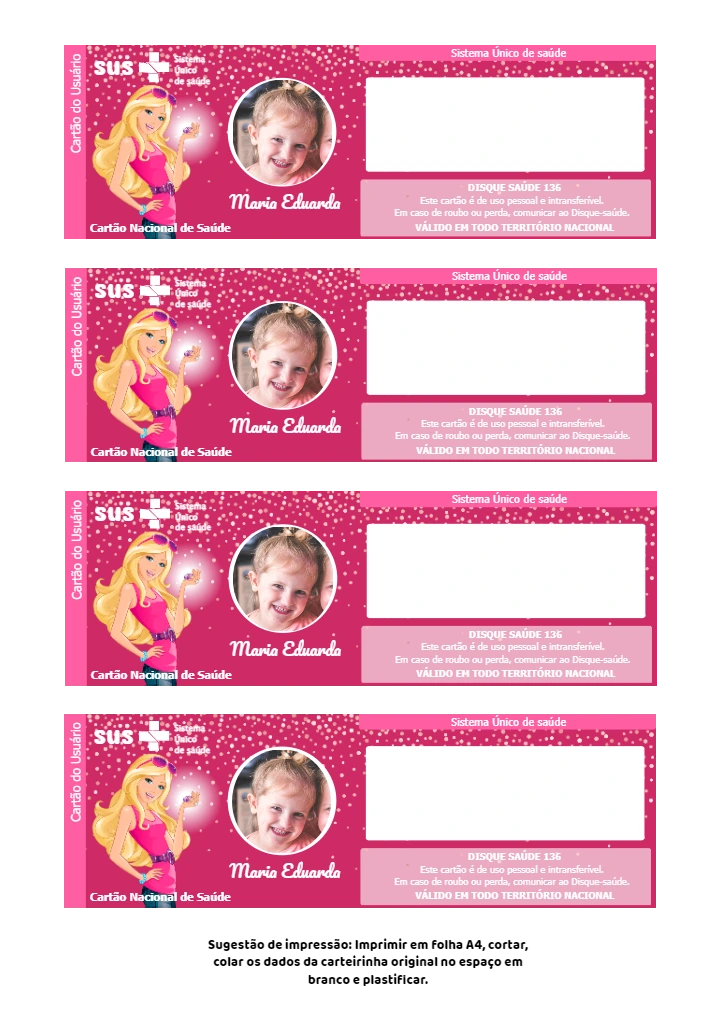 Cartão do SUS da Barbie com Foto para Editar Online