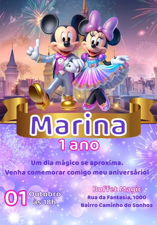 Convite Aniversário Mickey e Minnie Realeza para Editar Online