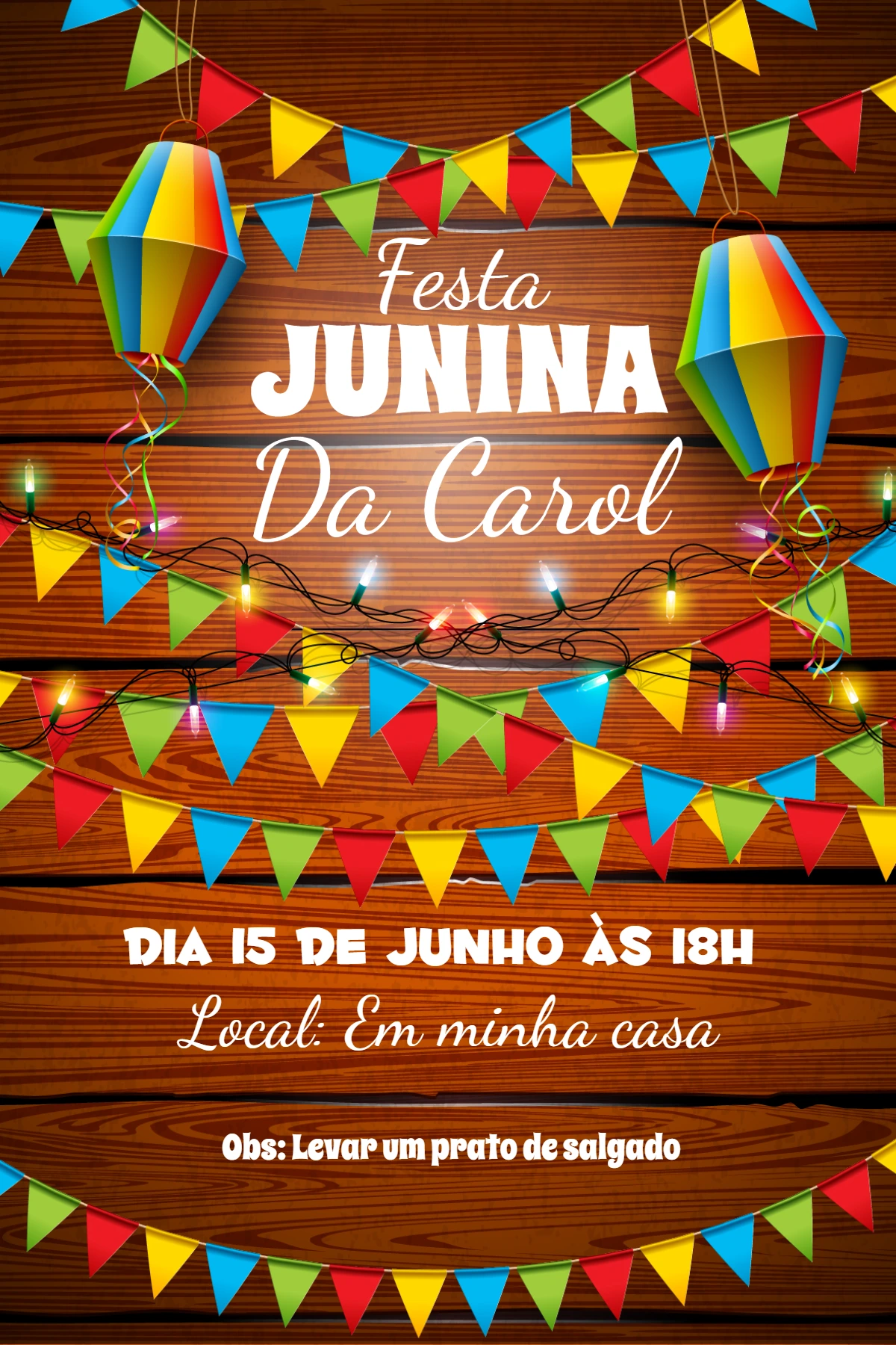 Convite Festa Junina Rústico com Bandeirinhas para Editar Online