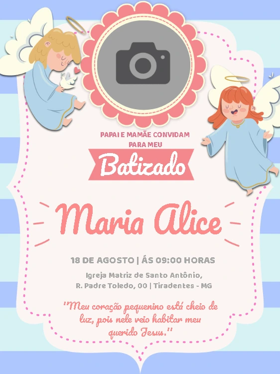Convite de Batizado com Foto e Anjinhos para Editar Online