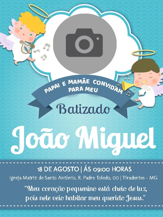 Convite de Batizado com Foto e Anjinhos para Editar Online