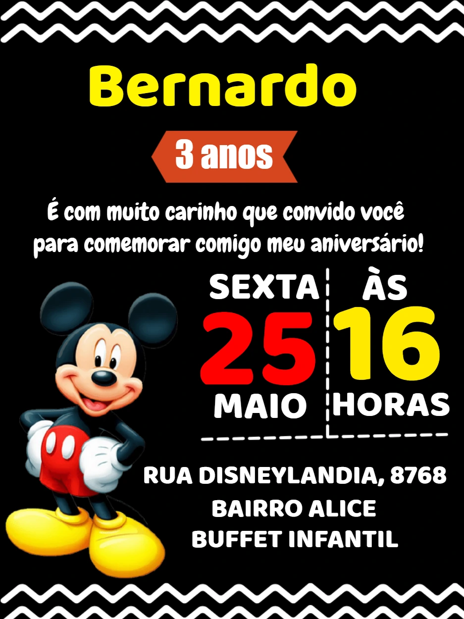 Convite de Aniversário Mickey Mouse para Editar Online