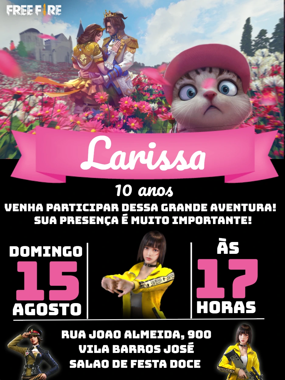 Convite de Aniversário Free Fire Rosa para Editar Online