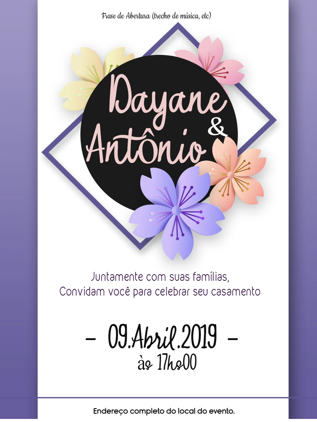 Convite de Casamento Floral com Flores de Cerejeira para Editar