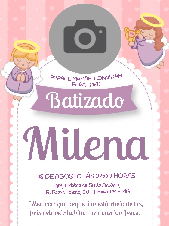 Convite de Batizado Rosa com Anjinhos e Foto para Editar