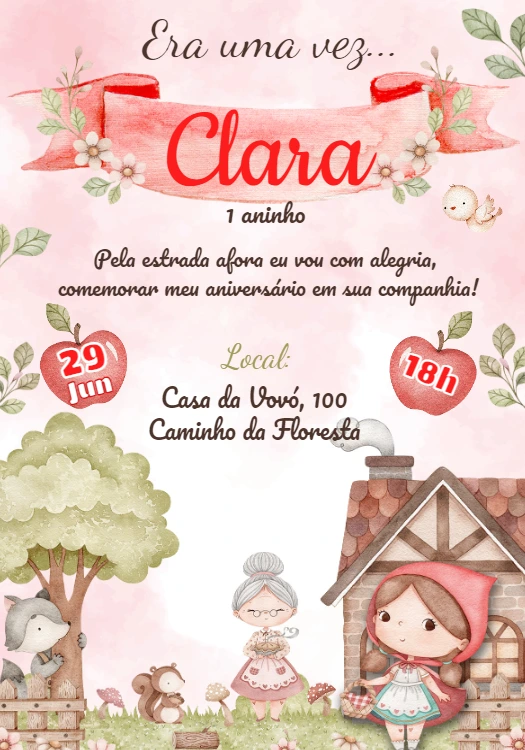 Convite Aniversário Chapéuzinho Vermelho Aquarela para Editar